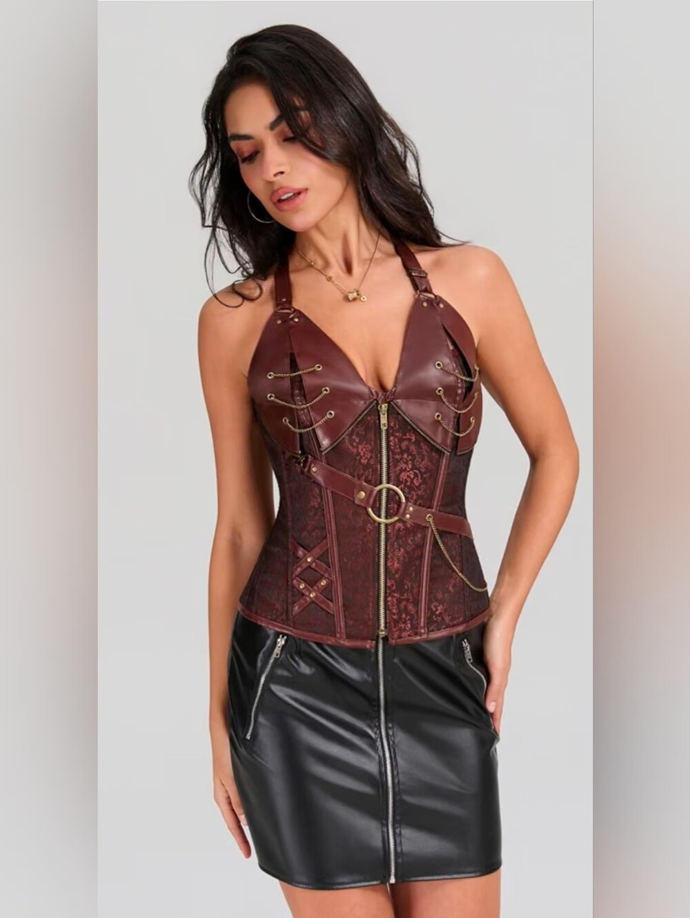 Trendy Womens Halter Boned Front Zip Retro Goth Steampunk Coffee Corset